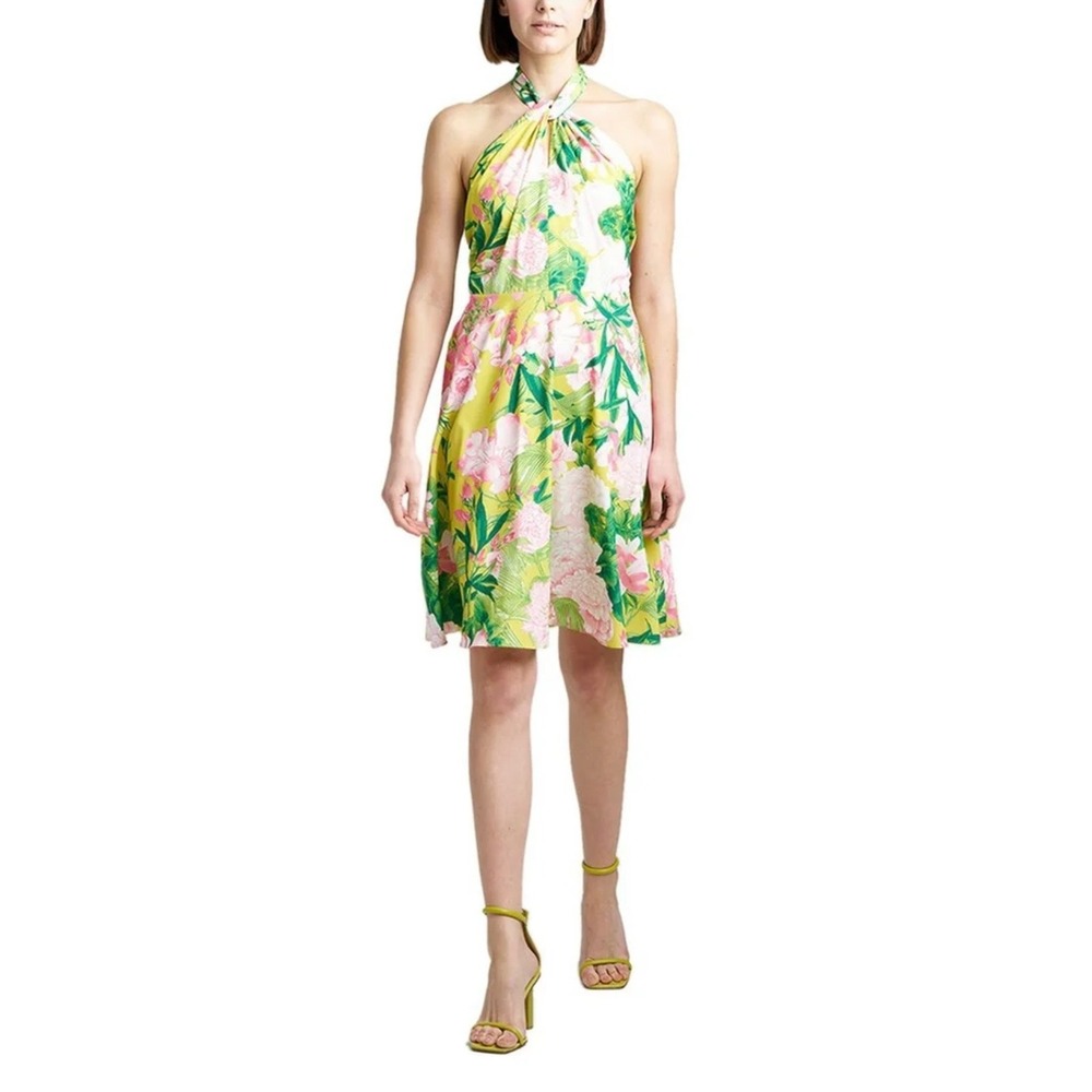 Natori Halter Dress Women 2 Yellow Pink Passion Peony NWT Floral A-Line Garden